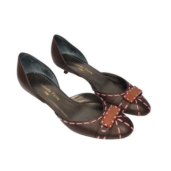 Isabella Fiore Leather Pumps 8 Brown Pink Embroidered Yarn Kitten Heel Open Side - Picture 1 of 9